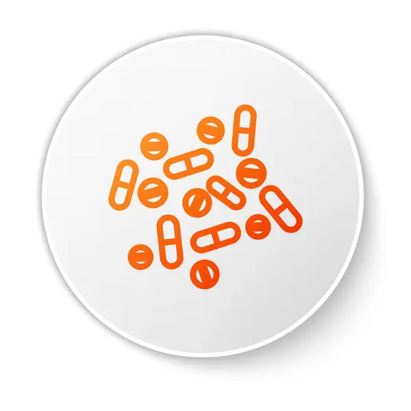 Pomarańczowa linia Pigułka medyczna lub ikona tabletki izolowane na białym tle. Tabletka kapsułki i znak narkotyków. Projekt apteki. Biały przycisk koła. Ilustracja wektora — Wektor stockowy
