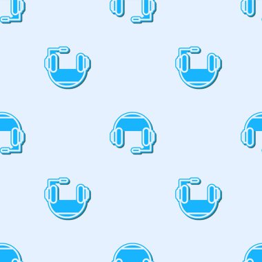 Mavi çizgi kulaklık ikonu gri arka planda kusursuz desen izole etti. Kulaklıklar. Müzik, hizmet, iletişim ve operatör konsepti. Vektör İllüstrasyonu