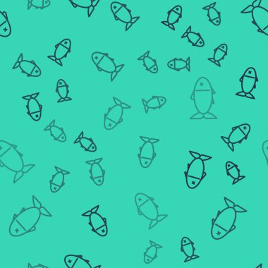 Siyah çizgi Balık simgesi yeşil arka planda kusursuz desen izole etti. Vektör İllüstrasyonu