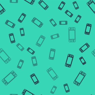 Siyah çizgi taşınabilir video oyun konsolu simgesi yeşil arkaplanda izole edilmiş pürüzsüz desen. Av alanı tabelası. Oyun konsepti. Vektör İllüstrasyonu