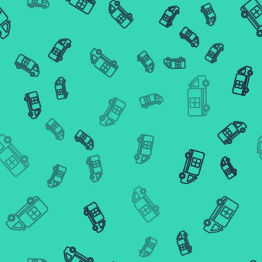 Siyah hat ambulans ve acil durum arabası ikonu yeşil arka planda izole edilmiş pürüzsüz desen. Ambulans aracı tıbbi tahliye. Vektör İllüstrasyonu