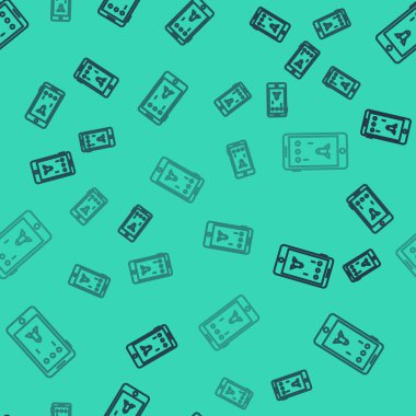 Siyah çizgi akıllı telefon ve oyun simgesinde oynamak yeşil arkaplanda izole edilmiş pürüzsüz desen. Mobil oyun konsepti. Vektör İllüstrasyonu