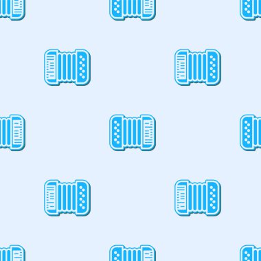 Mavi çizgi müzik aleti akordeon simgesi gri arkaplanda kusursuz desen izole etti. Klasik bayan, harmonik. Vektör İllüstrasyonu