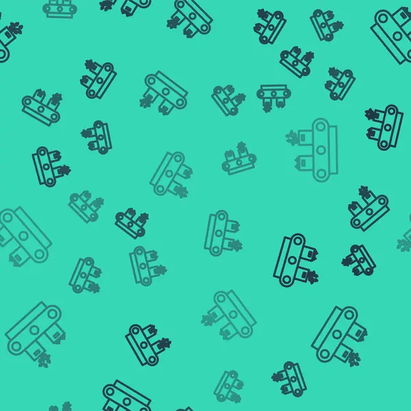 Yeşil zemin üzerinde karton kutu simgesi olan siyah çizgi taşıyıcı bandı izole edilmiş pürüzsüz desen. Vektör İllüstrasyonu