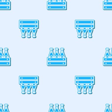 Mavi çizgi bira şişesi ikonu sürüsü gri arka planda izole edilmiş pürüzsüz desen. Tahta kutu ve bira şişeleri. Kutu bira kutusu tabelası. Vektör İllüstrasyonu