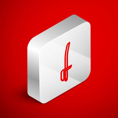 Korsan kılıcı simgesi kırmızı arkaplanda izole edildi. Kılıç işareti. Gümüş kare düğme. Vektör İllüstrasyonu