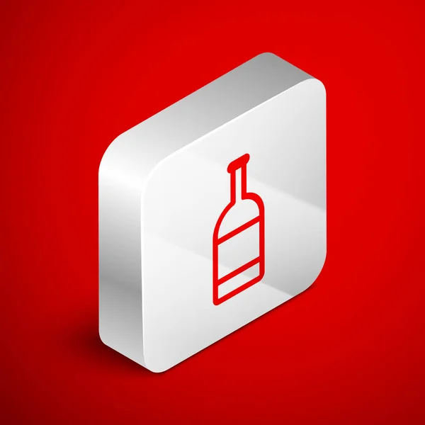 Isometrische Linie Bierflaschensymbol isoliert auf rotem Hintergrund. Silberner quadratischer Knopf. Vektorillustration — Stockvektor