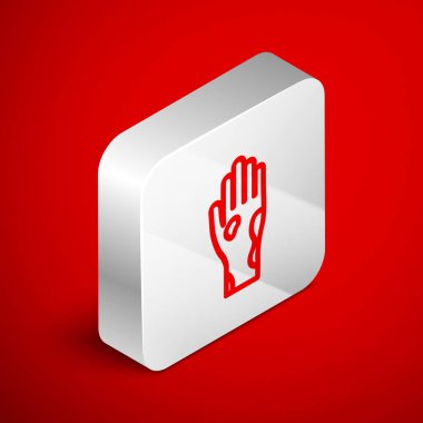 Kırmızı zemin üzerinde sedef ya da egzama ikonu olan Isometric Line Hand. Alerjene veya kronik vücut sorununa karşı insan derisi tepkisi kavramı. Gümüş kare düğme. Vektör İllüstrasyonu