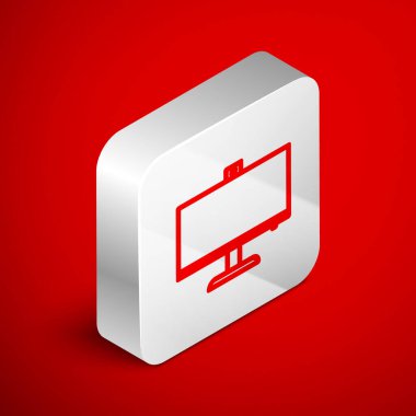 Isometric çizgi bilgisayar monitörü simgesi kırmızı arkaplanda izole edildi. Bilgisayar bileşeni işareti. Gümüş kare düğme. Vektör İllüstrasyonu