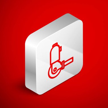 Kırmızı arkaplanda Isometric line Angle Öğütücü simgesi izole edildi. Gümüş kare düğme. Vektör İllüstrasyonu