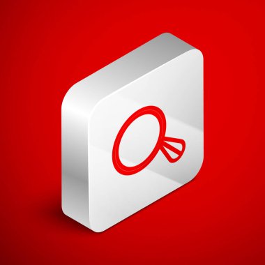 Kırmızı arka planda izole edilmiş Isome çizgisi aynalı ikon. Gümüş kare düğme. Vektör İllüstrasyonu