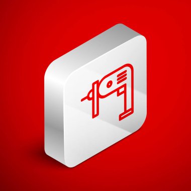 Isometric hattı elektrikli matkap simgesi kırmızı arkaplanda izole edildi. Tamir aleti. Gümüş kare düğme. Vektör İllüstrasyonu