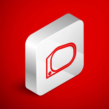 Kırmızı arka planda izole edilmiş Isome çizgisi aynalı ikon. Gümüş kare düğme. Vektör İllüstrasyonu