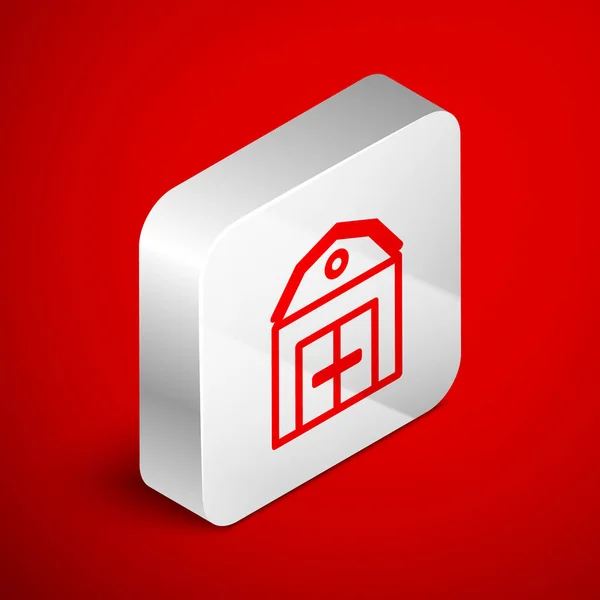 Isometric line Farm House concept icon isolated on red background. Rustic farm landscape. Silver square button. Vector Illustration — Stock Vector