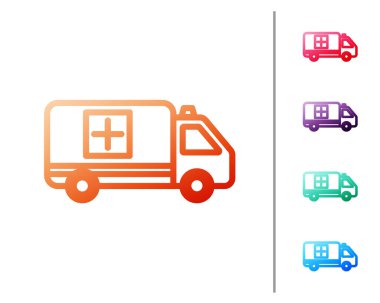 Kırmızı hat ambulans ve acil durum arabası ikonu beyaz arka planda izole edildi. Ambulans aracı tıbbi tahliye. Renk simgelerini ayarla. Vektör İllüstrasyonu