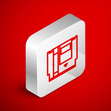 Kırmızı arkaplanda izole edilmiş retro oyun konsol simgesi için Isometric satır Cartridge. Televizyon oyunu kartuşu. Gümüş kare düğme. Vektör İllüstrasyonu