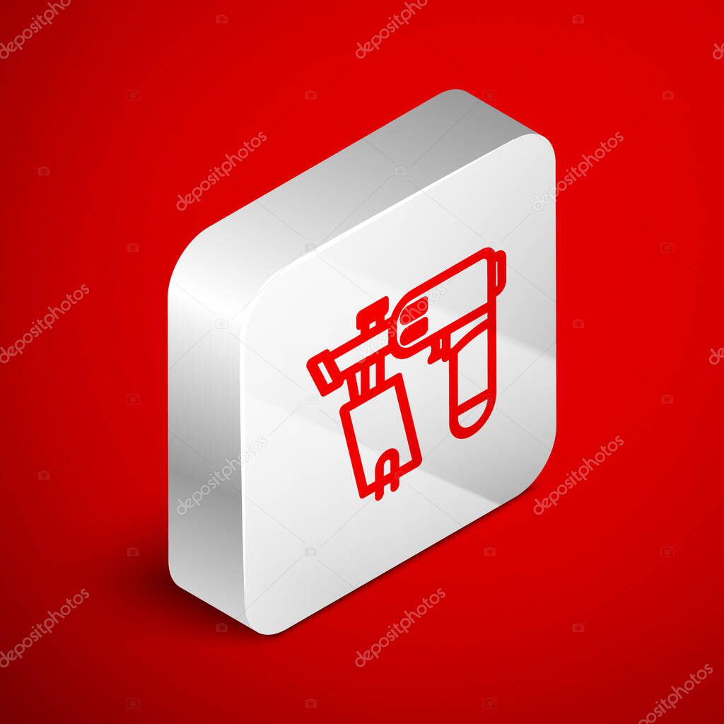 Isometric line Nail gun icon isolated on red background. Silver square button. Vector Illustration