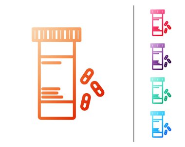 Kırmızı çizgi ilaç şişesi ve beyaz arka planda izole edilmiş ilaç ikonu. Şişe hapı işareti. Eczane tasarımı. Renk simgelerini ayarla. Vektör İllüstrasyonu