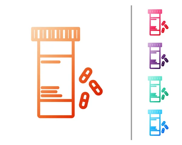 빨간 줄의 약병 과 알약 아이콘은 흰 배경에서 분리되었습니다. 병 약 표시. 약국 디자인. 색 아이콘을 설정 합니다. 벡터 일러스트 — 스톡 벡터