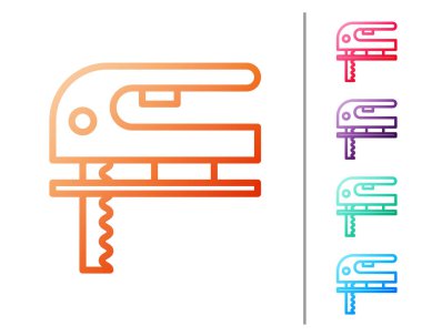 Beyaz zemin üzerinde çelik keskin bıçak ikonu olan kırmızı çizgili elektrikli yapboz. Ahşap işçiliği için elektrikli alet. Renk simgelerini ayarla. Vektör İllüstrasyonu