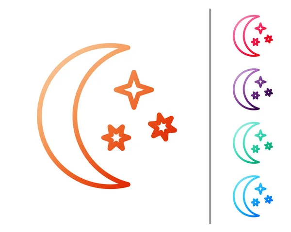Rote Linie Mond und Sterne Ikone isoliert auf weißem Hintergrund. Farbsymbole setzen. Vektorillustration — Stockvektor