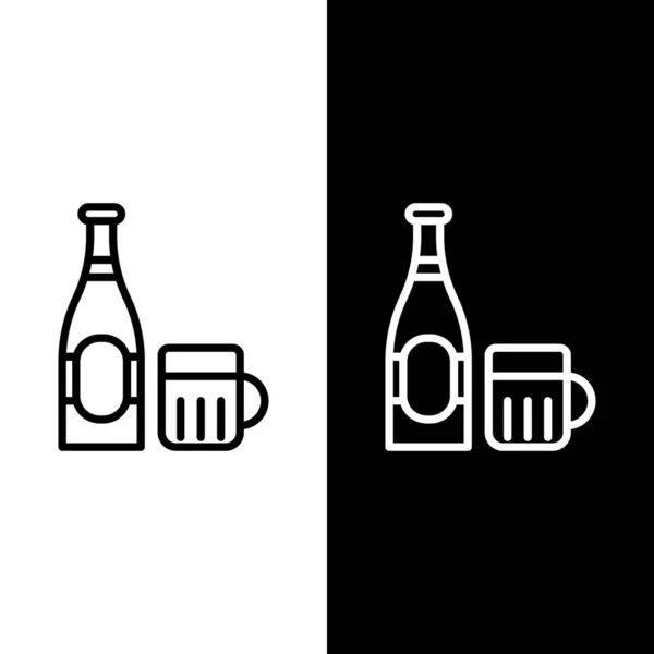 Set Line Beer Bottle Glass Icon Isolated Black White Background — Stock Vector