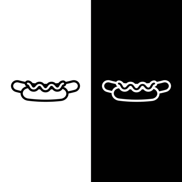 Set Lijn Hotdog Sandwich Met Mosterd Pictogram Geïsoleerd Zwart Wit — Stockvector