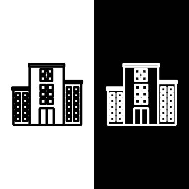 Siyah beyaz arka planda çapraz ikonu olan bir hastane binası ayarla. Tıp merkezi. Sağlık hizmetleri. Vektör İllüstrasyonu