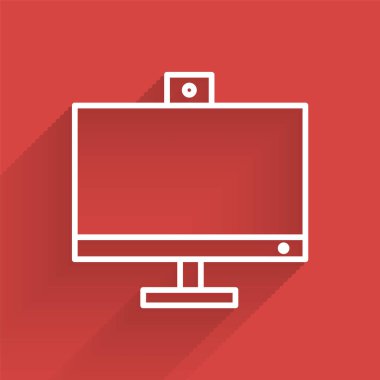 Beyaz çizgi bilgisayar monitörü simgesi uzun gölgeli izole edildi. Bilgisayar bileşeni işareti. Vektör İllüstrasyonu