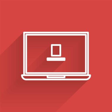 Uzun gölgeli beyaz çizgi dizüstü bilgisayar simgesi. Boş ekran işaretli bilgisayar defteri. Vektör İllüstrasyonu