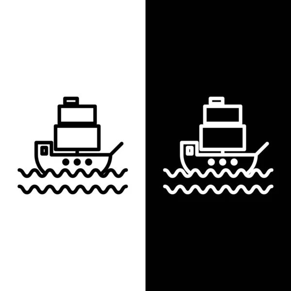 Defina Ícone Linha Ship Isolado Fundo Preto Branco Ilustração Vetorial — Vetor de Stock