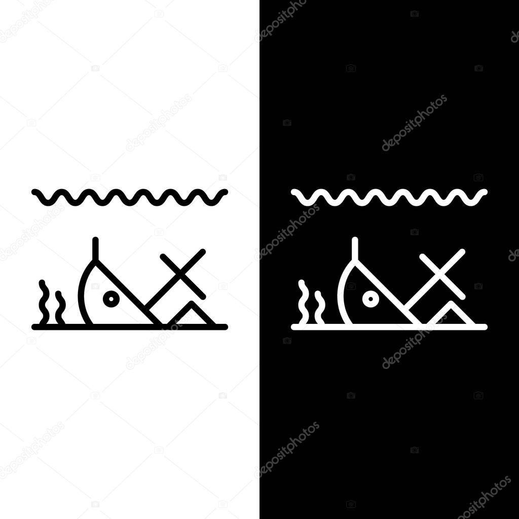 Set line Sunken ship at the bottom of the sea icon isolated on black and white background.  Vector Illustration
