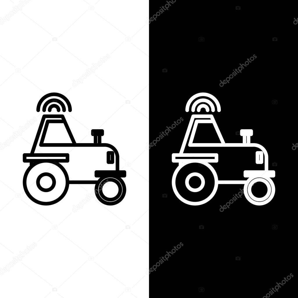Set line Self driving wireless tractor on a smart farm icon isolated on black and white background. Smart agriculture implement element.  Vector Illustration