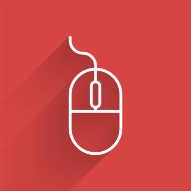 Beyaz çizgi bilgisayar fare simgesi uzun gölgeyle izole edildi. Tekerlek sembollü optik. Vektör İllüstrasyonu