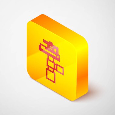 Gri arkaplanda Isometric hattı otomatik sulama ikonu izole edildi. Su ekipmanları. Bahçe elemanı. Sprey tabanca ikonu. Sarı kare düğme. Vektör İllüstrasyonu