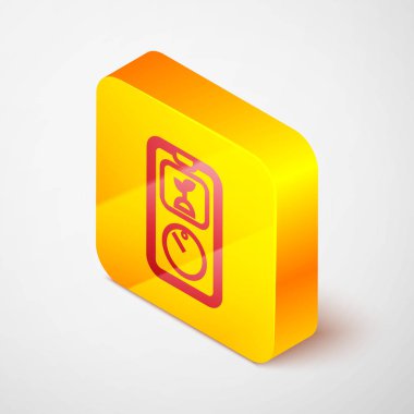 Isome hattı Akıllı tarım teknolojisi - Gri arka planda izole uygulama simgesindeki zamanlayıcı çiftliği otomasyon sistemi. Sarı kare düğme. Vektör İllüstrasyonu