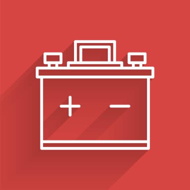 Beyaz çizgili araba aküsü ikonu uzun gölgeli. Akümülatör bataryası enerji ve elektrik akümülatörü bataryası. Vektör İllüstrasyonu