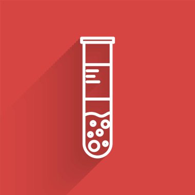 Beyaz çizgi test tüpü ve uzun gölgeli kimyasal test ikonu. Laboratuvar cam levhası. Vektör İllüstrasyonu