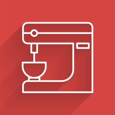 Beyaz çizgi elektrikli karıştırıcı ikonu uzun gölgeli izole edilmiş. Mutfak blenderi. Vektör İllüstrasyonu