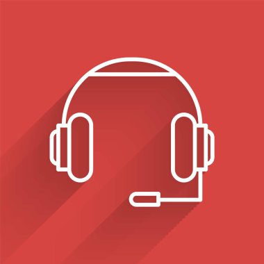Beyaz çizgi kulaklık simgesi uzun gölgeli izole edilmiş. Kulaklıklar. Müzik, hizmet, iletişim ve operatör konsepti. Vektör İllüstrasyonu