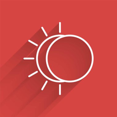 Güneş tutulmasının beyaz çizgi simgesi uzun gölgelerle izole edilmiş. Tam sonar tutulması. Vektör İllüstrasyonu