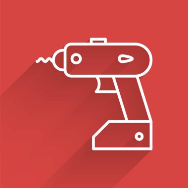 Beyaz çizgi elektrik kablosuz tornavida ikonu uzun gölgeli izole edilmiş. Elektrikli matkap. Tamir aleti. Vektör İllüstrasyonu