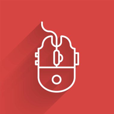 Beyaz çizgi bilgisayar faresi oyun simgesi uzun gölgeyle izole edildi. Tekerlek sembollü optik. Vektör İllüstrasyonu