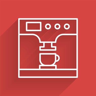 Beyaz çizgi kahve makinesi ve uzun gölgeli kahve fincanı ikonu. Vektör İllüstrasyonu