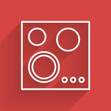 Beyaz çizgi gazlı soba ikonu uzun gölgeli izole edilmiş. Mutfak tabelaları. Dört daire ocağı olan bir hob. Vektör İllüstrasyonu