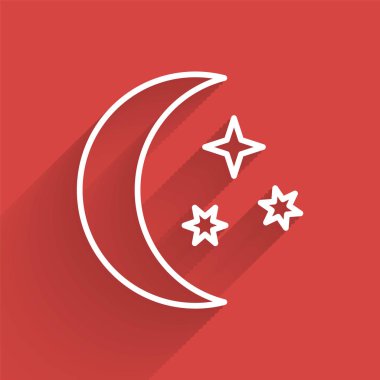 Beyaz çizgi Ay ve yıldızlar simgesi uzun gölge ile izole. Vektör İllüstrasyonu