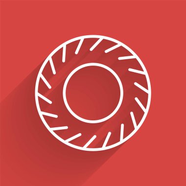 Beyaz çizgi araba lastik ikonu uzun gölgeli izole edilmiş. Vektör İllüstrasyonu