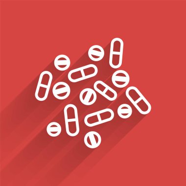 Uzun gölgeli beyaz çizgi ilaç veya tablet ikonu. Kapsül hapı ve uyuşturucu işareti. Eczane tasarımı. Vektör İllüstrasyonu