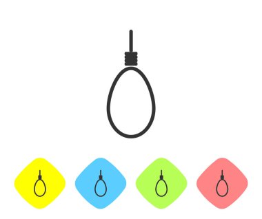 Gri çizgi darağacı ipinin asılı olduğu sembol beyaz arka planda izole edildi. İpe bağlanmış halat. İntihar, asılma ya da linç. Renkli eşkenar dörtgen düğmelerine simgeleri yerleştir. Vektör İllüstrasyonu