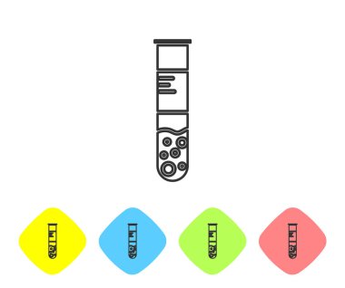 Beyaz arka planda gri çizgi test tüpü ve kimyasal test ikonu izole edildi. Laboratuvar cam levhası. Renkli eşkenar dörtgen düğmelerine simgeleri yerleştir. Vektör İllüstrasyonu